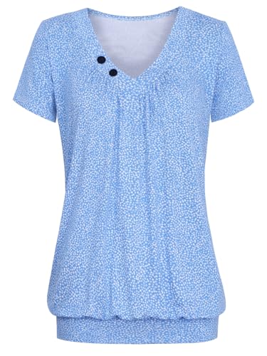 DJT Damen Sommer V-Ausschnitt mit Knopf Deko Kurzarm Stretch Tuniken Casual Basic T-Shirts Oberteile Locker Falten Tops Blau-Weiß Blume XL von DJT