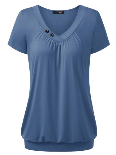 DJT Damen Sommer V-Ausschnitt mit Knopf Deko Kurzarm Stretch Tuniken Casual Basic T-Shirts Oberteile Locker Falten Tops Elegant Blau XXL von DJT