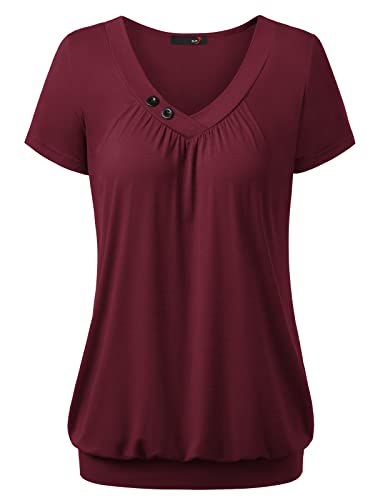 DJT Damen Sommer V-Ausschnitt mit Knopf Deko Kurzarm Stretch Tuniken Casual Basic T-Shirts Oberteile Locker Falten Tops Fuchsie M von DJT