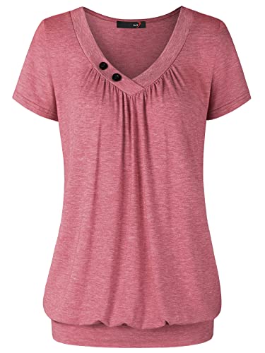 DJT Damen Sommer V-Ausschnitt mit Knopf Deko Kurzarm Stretch Tuniken Casual Basic T-Shirts Oberteile Locker Falten Tops Hellrot XL von DJT