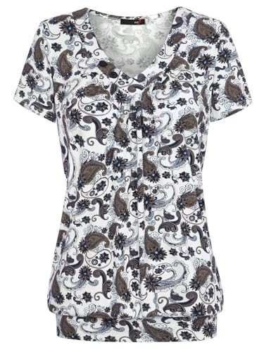 DJT Damen Sommer V-Ausschnitt mit Knopf Deko Kurzarm Stretch Tuniken Casual Basic T-Shirts Oberteile Locker Falten Tops Weiß-Braun Blume XXL von DJT