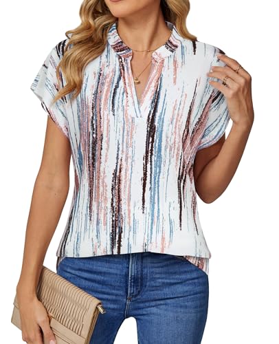 DJT Damen V-Ausschnitt Bluse Elegant Gestrickt Kurzarm Blusen Tunika Sommer Freizeit Oberteile T-Shirt Casual Tops Weiß Gestreift XL von DJT