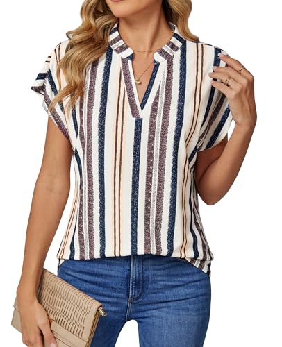 DJT Damen V-Ausschnitt Bluse Elegant Gestrickt Kurzarm Blusen Tunika Sommer Oberteile Freizeit T-Shirt Casual Tops Marineblau Gestreift XXL von DJT