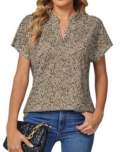 DJT Damen V-Ausschnitt Bluse Elegant Gestrickt Kurzarm Blusen Tunika Sommer Oberteile Freizeit T-Shirt Casual Tops Schwarz Gelb S von DJT