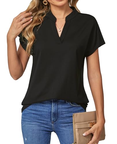 DJT Damen V-Ausschnitt Bluse Elegant Gestrickt Kurzarm Blusen Tunika Sommer Oberteile Freizeit T-Shirt Casual Tops Schwarz L von DJT