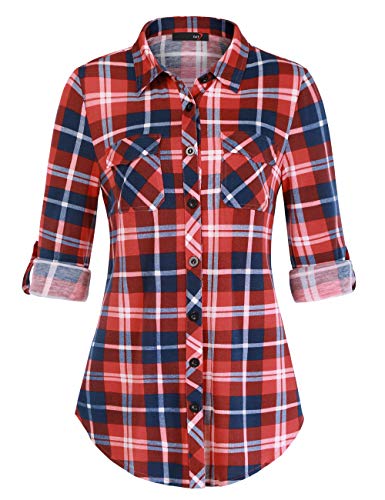 DJT Damen Weiches Gestrick Karierte Bluse Langarm 3/4 Roll Up Ärmel Hemdbluse Button-down Blusen Feuriges Rot XL von DJT