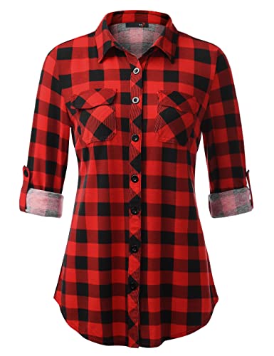 DJT Damen Weiches Gestrick Karierte Bluse Langarm 3/4 Roll Up Ärmel Hemdbluse Button-down Blusen Rot 2XL von DJT