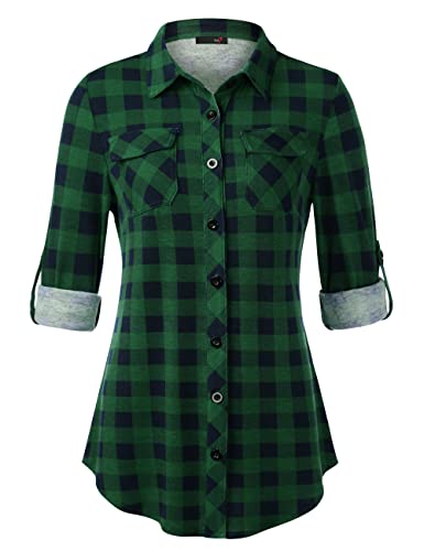 DJT Damen Weiches Gestrick Karierte Bluse Langarm 3/4 Roll Up Ärmel Hemdbluse Button-down Blusen Grün kariert L von DJT