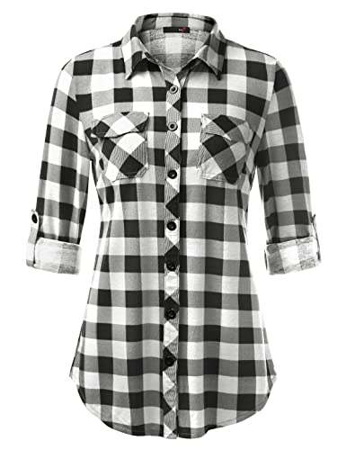 DJT Damen Weiches Gestrick Karierte Bluse Langarm 3/4 Roll Up Ärmel Hemdbluse Button-down Blusen Schwarz #2 L DJT Damen Weiches Gestrick Karierte Bluse Langarm 3/4 Roll Up Ärmel Hemdbluse Button-down Blusen Schwarz #2 L von DJT