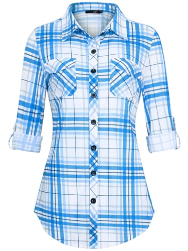 DJT Damen Weiches Gestrick Karierte Bluse Langarm Oberteile Roll Up Ärmel Hemdbluse Shirts Button Down Blusen Top Blau-Weiß M von DJT