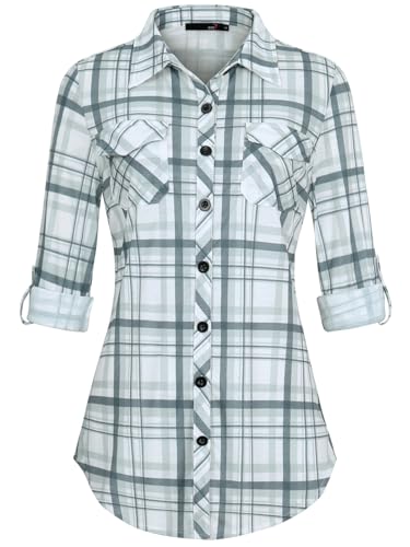 DJT Damen Weiches Gestrick Karierte Bluse Langarm Oberteile Roll Up Ärmel Hemdbluse Shirts Button Down Blusen Top Grau-Grün XXL DJT Damen Weiches Gestrick Karierte Bluse Langarm Oberteile Roll Up Ärmel Hemdbluse Shirts Button Down Blusen Top Grau-Grün XXL von DJT
