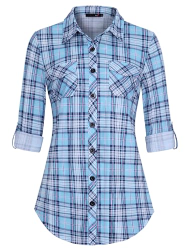 DJT Damen Weiches Gestrick Karierte Bluse Langarm Oberteile Roll Up Ärmel Hemdbluse Shirts Button Down Blusen Top Hellblau-Weiß M von DJT