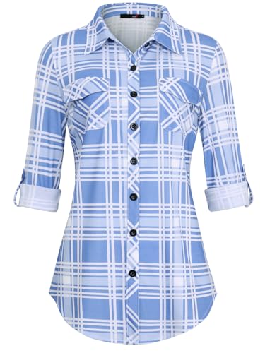 DJT Damen Weiches Gestrick Karierte Bluse Langarm Oberteile Roll Up Ärmel Hemdbluse Shirts Button Down Blusen Top Himmelblau XXL DJT Damen Weiches Gestrick Karierte Bluse Langarm Oberteile Roll Up Ärmel Hemdbluse Shirts Button Down Blusen Top Himmelblau XXL von DJT