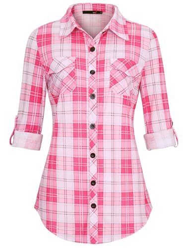 DJT Damen Weiches Gestrick Karierte Bluse Langarm Oberteile Roll Up Ärmel Hemdbluse Shirts Button Down Blusen Top Lebendiges-Rosa L von DJT