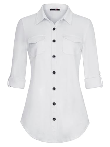 DJT Damen Weiches Gestrick Karierte Bluse Langarm Oberteile Roll Up Ärmel Hemdbluse Shirts Button Down Blusen Top Solides-Weiß XXL von DJT