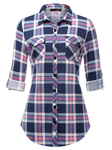 DJT Damen Weiches Gestrick Karierte Bluse Langarm Oberteile Roll Up Ärmel Hemdbluse Tunika Button Down Blusen Top Blau-Rosa XXL von DJT
