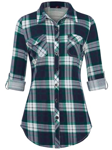 DJT Damen Weiches Gestrick Karierte Bluse Langarm Oberteile Roll Up Ärmel Hemdbluse Tunika Button Down Blusen Top Grün-Blau L von DJT