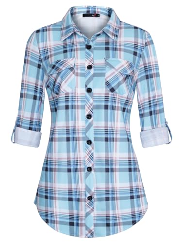 DJT Damen Weiches Gestrick Karierte Bluse Langarm Oberteile Roll Up Ärmel Hemdbluse Tunika Button Down Blusen Top Hellblaues Kariertes M von DJT