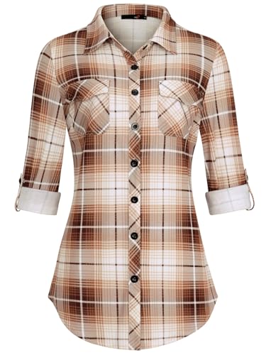 DJT Damen Weiches Gestrick Karierte Bluse Langarm Oberteile Roll Up Ärmel Hemdbluse Tunika Button Down Blusen Top Kaffee-Weiß L von DJT
