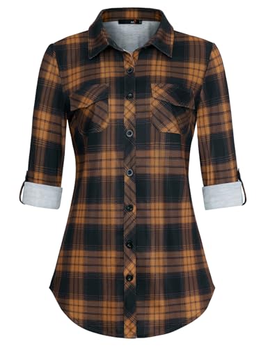 DJT Damen Weiches Gestrick Karierte Bluse Langarm Oberteile Roll Up Ärmel Hemdbluse Tunika Button Down Blusen Top Orange-Schwarz XL DJT Damen Weiches Gestrick Karierte Bluse Langarm Oberteile Roll Up Ärmel Hemdbluse Tunika Button Down Blusen Top Orange-Schwarz XL von DJT