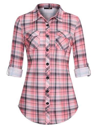 DJT Damen Weiches Gestrick Karierte Bluse Langarm Oberteile Roll Up Ärmel Hemdbluse Tunika Button Down Blusen Top Rosa Kariertes XXL von DJT