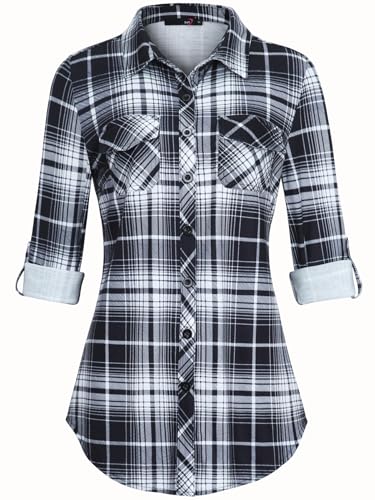 DJT Damen Weiches Gestrick Karierte Bluse Langarm Oberteile Roll Up Ärmel Hemdbluse Tunika Button Down Blusen Top Schwarz-Weiß XL von DJT