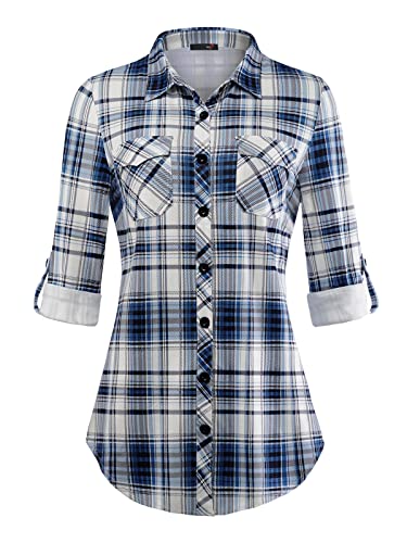 DJT Damen Weiches Gestrick Karierte Bluse Langarm Oberteile Roll Up Ärmel Hemdbluse Tunika Button Down Blusen Top Upgrade Dicker Stoff-Blau M von DJT