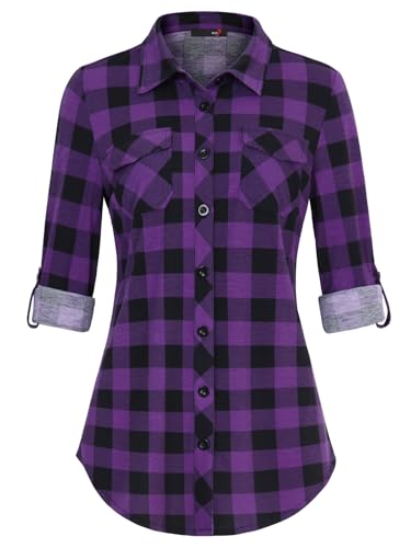 DJT Damen Weiches Gestrick Karierte Bluse Langarm Oberteile Roll Up Ärmel Hemdbluse Tunika Button Down Blusen Top Violett Schwarz Kariertes XL von DJT