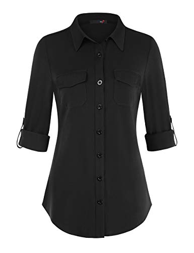 DJT Damen Weiches Gestrick Karierte Bluse Langarm Roll Up Ärmel Hemdbluse Button-down Solid Schwarz M von DJT