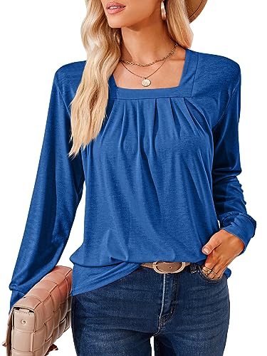 DJT Damen Oberteile Elegant Karree Ausschnitt Langarmshirt Lässiger Arbeit Wanderung Outfit Bluse Frauen Tops T-Shirts Blau L von DJT