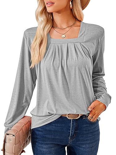 DJT Damen Oberteile Elegant Karree Ausschnitt Langarmshirt Lässiger Arbeit Wanderung Outfit Bluse Frauen Tops T-Shirts Grau L von DJT