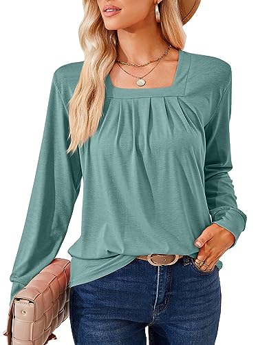 DJT Damen Oberteile Elegant Karree Ausschnitt Langarmshirt Lässiger Arbeit Wanderung Outfit Bluse Frauen Tops T-Shirts Grün M von DJT