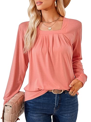 DJT Damen Oberteile Elegant Karree Ausschnitt Langarmshirt Lässiger Arbeit Wanderung Outfit Bluse Frauen Tops T-Shirts Rosa XL von DJT