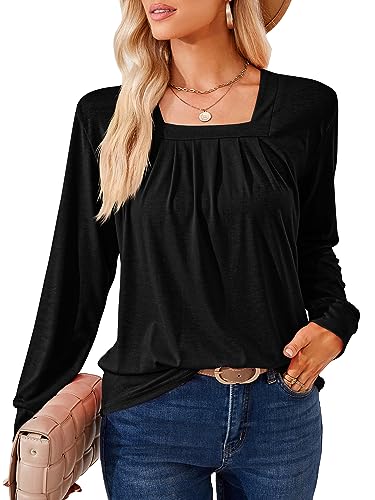 DJT Damen Oberteile Elegant Karree Ausschnitt Langarmshirt Lässiger Arbeit Wanderung Outfit Bluse Frauen Tops T-Shirts Schwarz L von DJT