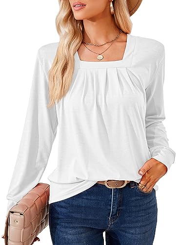 DJT Damen Oberteile Elegant Karree Ausschnitt Langarmshirt Lässiger Arbeit Wanderung Outfit Bluse Frauen Tops T-Shirts Weiß L von DJT