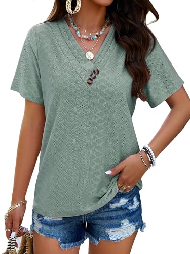 DJT Sommer Blusen Tuniken für Damen Elegant V-Ausschnitt T-Shirt Kurzarm Tops Streetwear Outfit Jacquard Blusentop Oberteile Grün L von DJT