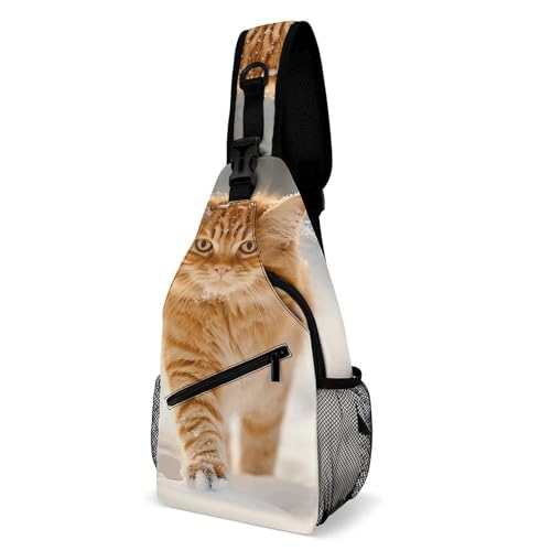 Schultertasche für Damen und Herren, karierter Stoff, Tagesrucksack, Bauchtasche, Umhängetasche für Reisen, Katze im Schnee, 38x20cm, Vollständig bedruckte Brusttasche von DJUETRUI