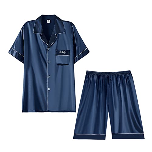 Herren Schlafanzug Kurzarm Satin- Pyjama-Set Button-Down Pyjama-Sets Zwei Stücke Loungekleidung Seide Kerbkragen Nachtwäsche Sommer Nachtwäsche,Navy blue,L von DJUNJUN