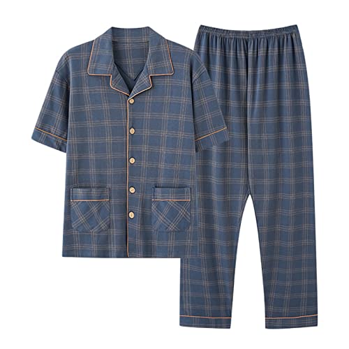 DJUNJUN Herren Schlafanzug Langes Set 100% Baumwolle Pyjamas Kurzarm Knopf Nach Unten Loungekleidung und Hose Pyjama-Set zum Männer Nachtwäsche,2,XXL von DJUNJUN