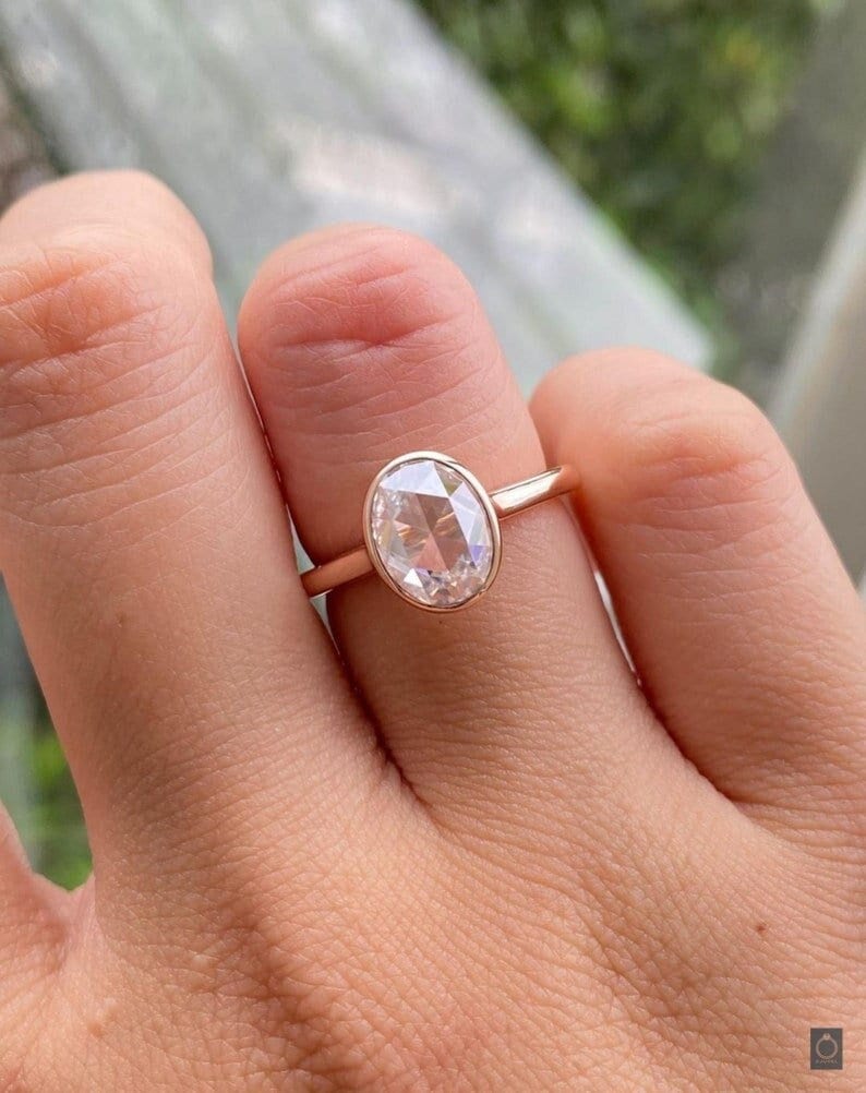 10K Gold Verlobungsring | Diamant Ehering|Solitär Oval Rose Bezel Ehering Rosenschliff Ring Dianty Moissanite von DJuvel