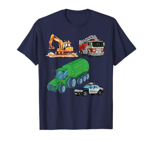 Baufahrzeuge Traktor Polizei Feuerwehr Bagger Kinder Motiv T-Shirt von DK1 Designs Baustelle Rettungsfahrzeug Firefighter