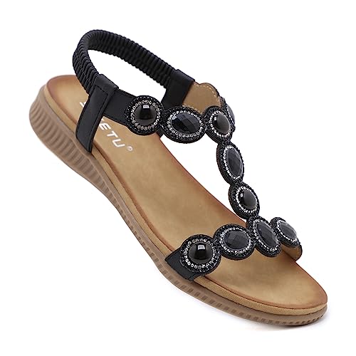 DKCHENH Damen-Sandalen, bequem, für den Sommer: rutschfeste, lässige Strandschuhe, verziert mit elastischen Knöcheln und atemberaubenden Bohemian-Flats mit Schmucksteinen, Schwarz #4, 37.5 EU von DKCHENH