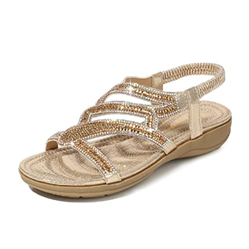 DKCHENH Strass Sandalen für Frauen Flach - Trendy Sparkling Boho Damen Flache Sandalen,Schöne Funkelnde Boho Damen Flache Sandalen für Sommer, Gold#8, 39 EU von DKCHENH