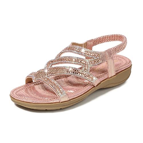 DKCHENH Strass Sandalen für Frauen Flach - Trendy Sparkling Boho Damen Flache Sandalen,Schöne Funkelnde Boho Damen Flache Sandalen für Sommer, Pink#6, 39 EU von DKCHENH