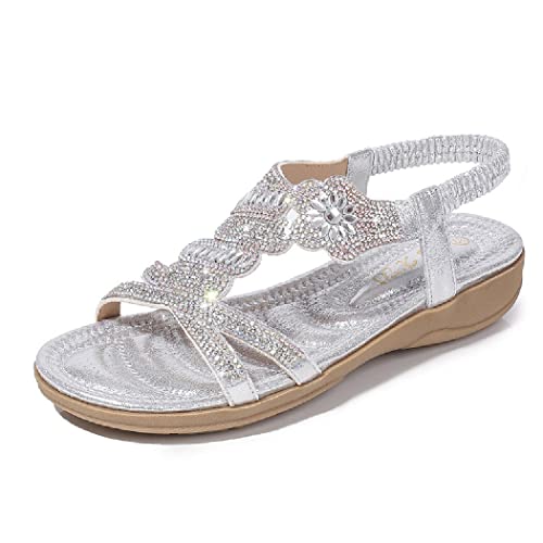 DKCHENH Strass Sandalen für Frauen Flach - Trendy Sparkling Boho Damen Flache Sandalen,Schöne Funkelnde Boho Damen Flache Sandalen für Sommer, Silber Nr. 3, 38.5 EU von DKCHENH