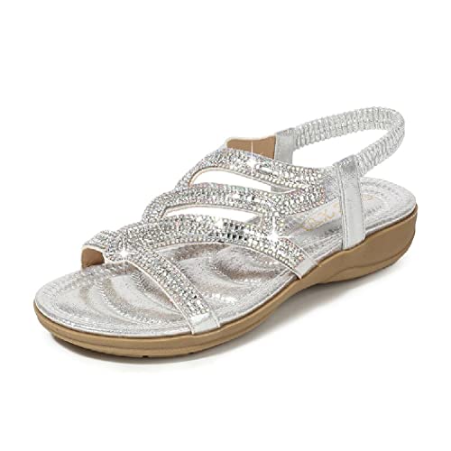 DKCHENH Strass Sandalen für Frauen Flach - Trendy Sparkling Boho Damen Flache Sandalen,Schöne Funkelnde Boho Damen Flache Sandalen für Sommer, Silber Nr. 7, 37.5 EU von DKCHENH
