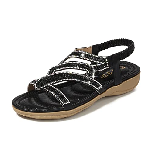 DKCHENH Strass Sandalen für Frauen flach - Trendy Sparkling Boho Damen Flache Sandalen,Schöne Funkelnde Boho Damen Flache Schuh für Sommer, Schwarz #5, 36 EU von DKCHENH