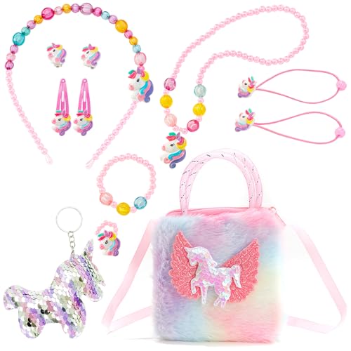 DKDDSSS 12 Teiliges Set Einhörner Geschenke Mädchen, Einhorn Handtasche Mädchen, Unicorn Kinderschmuck Kette Halskette Armband Ring Haarschmuck Schmuckset Mädchen, Einhorn Geschenke für Geburtstag von DKDDSSS