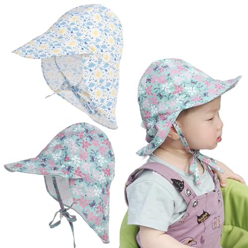 DKDDSSS 2 Stücke Baby Sonnenhut mit Bindebändern und Nackenschutz, UV-Schutz Atmungsaktiv Verstellbarer, Kleinkind Sommer Visier Cap, Kinder Strand Mützen für Babys und Kinder Unisex von DKDDSSS