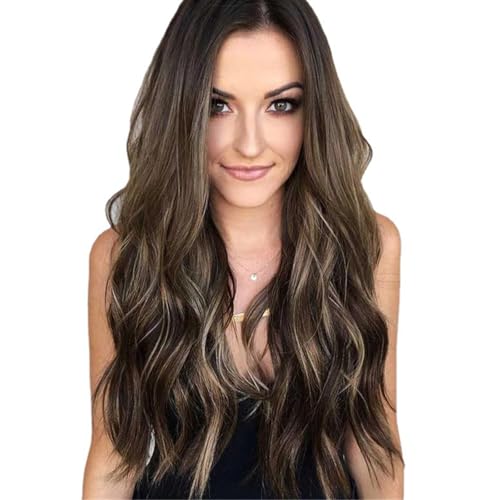 DKDDSSS 24 Zoll Lange Natur Lockig Ombre Braun zu Blond Perücken für Frauen, Lange Ombre Perücke für Frauen Braun Ombre Blonde Synthetische Haar Perücke für Tägliche Party Cosplay Verwendung von DKDDSSS